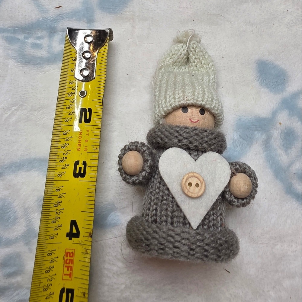 Handmade Wooden Peg Doll Ornament Knit Grey Sweater Heart Button Christmas Decor